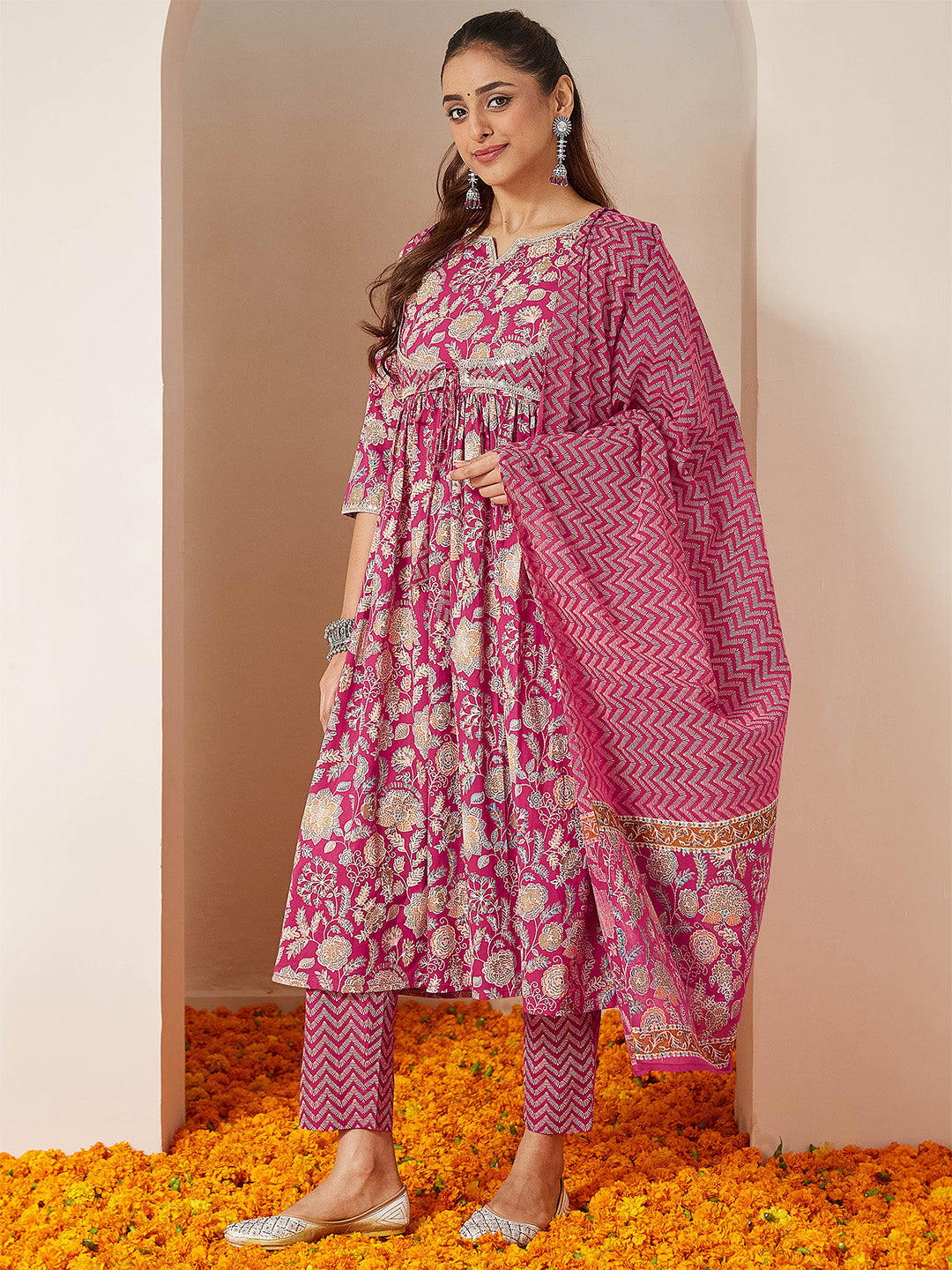 Ninnique Women's Pink Pure Cotton Embellished Floral Printed A-line Kurta Set
