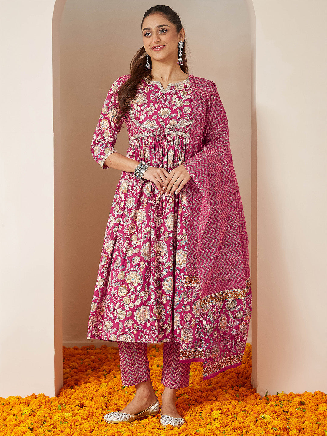 Ninnique Women's Pink Pure Cotton Embellished Floral Printed A-line Kurta Set