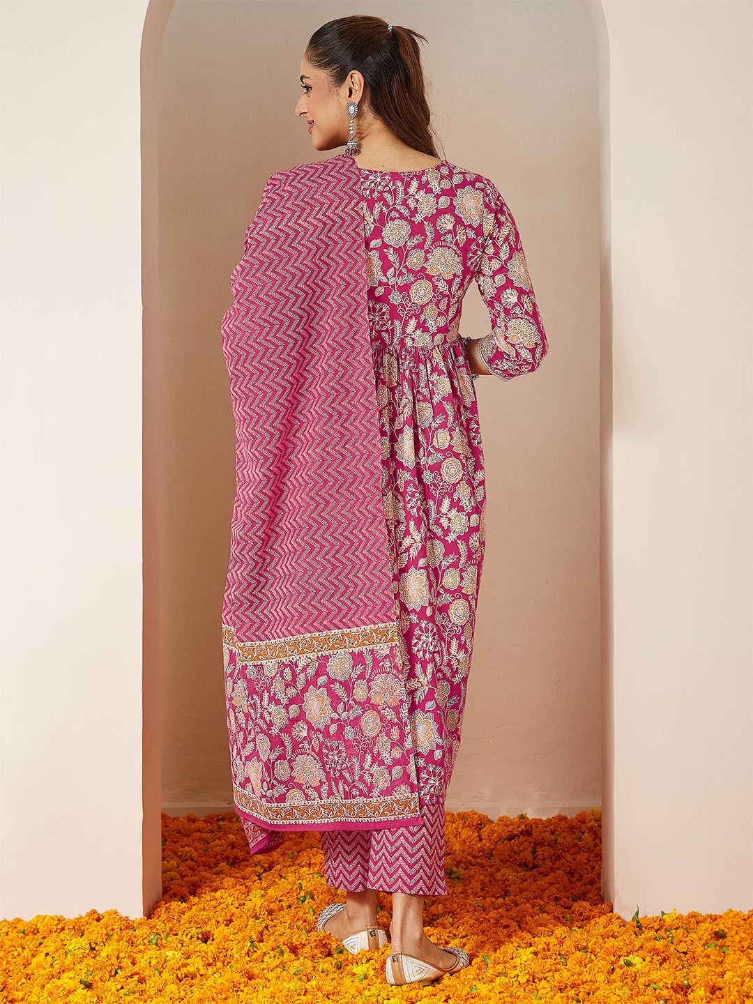 Ninnique Women's Pink Pure Cotton Embellished Floral Printed A-line Kurta Set