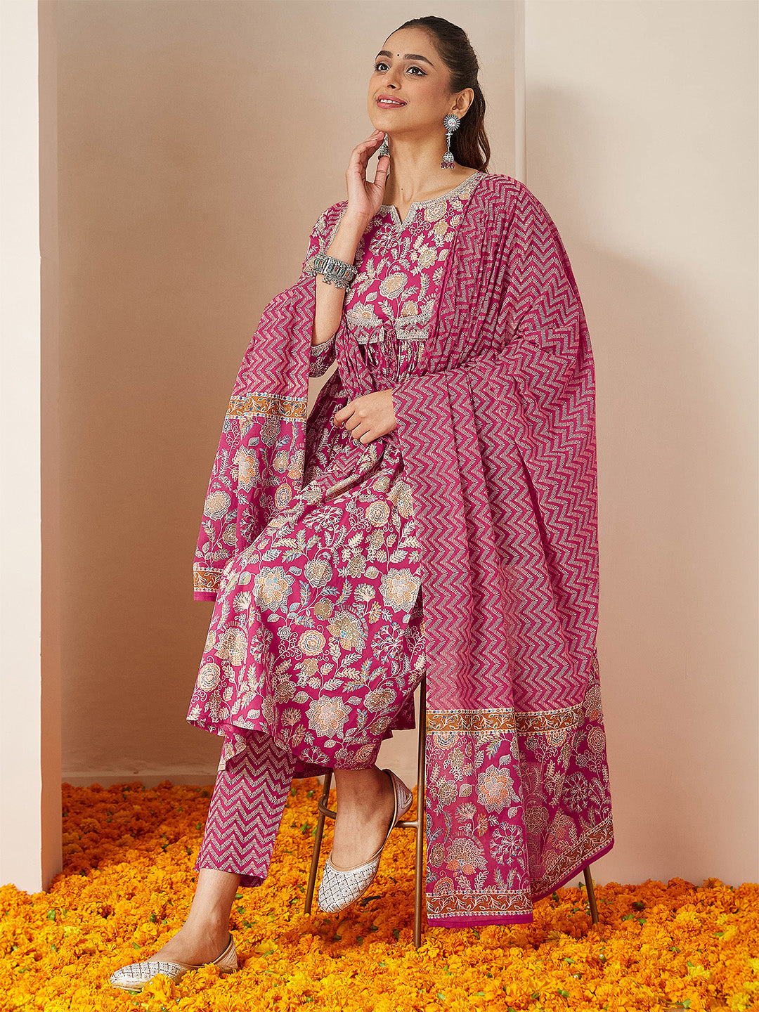Ninnique Women's Pink Pure Cotton Embellished Floral Printed A-line Kurta Set