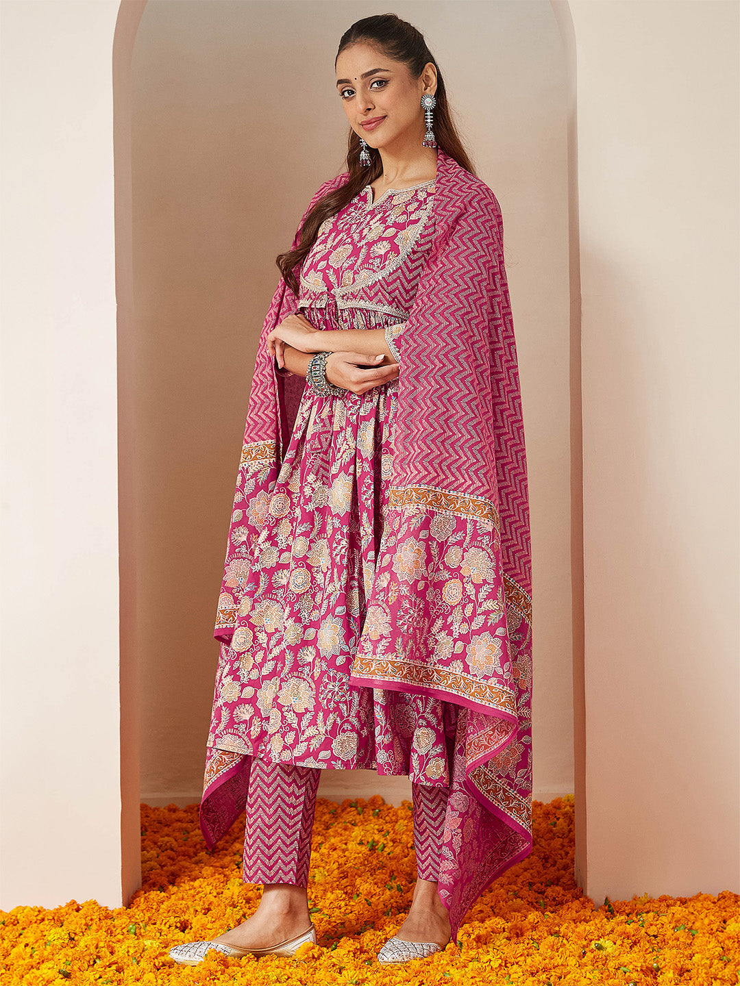 Ninnique Women's Pink Pure Cotton Embellished Floral Printed A-line Kurta Set