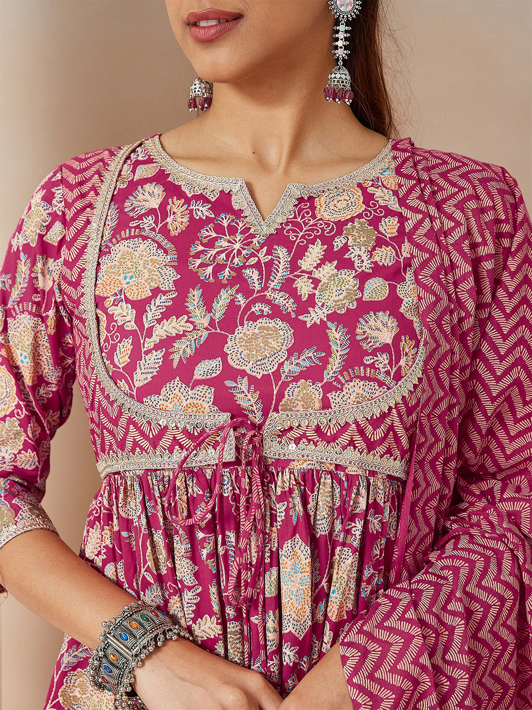 Ninnique Women's Pink Pure Cotton Embellished Floral Printed A-line Kurta Set
