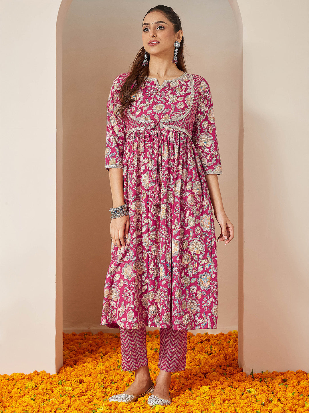 Ninnique Women's Pink Pure Cotton Embellished Floral Printed A-line Kurta Set
