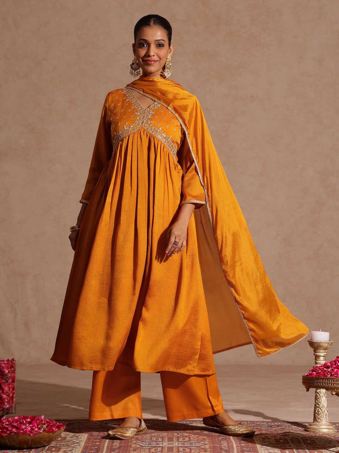 Ninnique Women's Mustard Silk Blend Zari Yoke Embroidered A-line Kurta Set