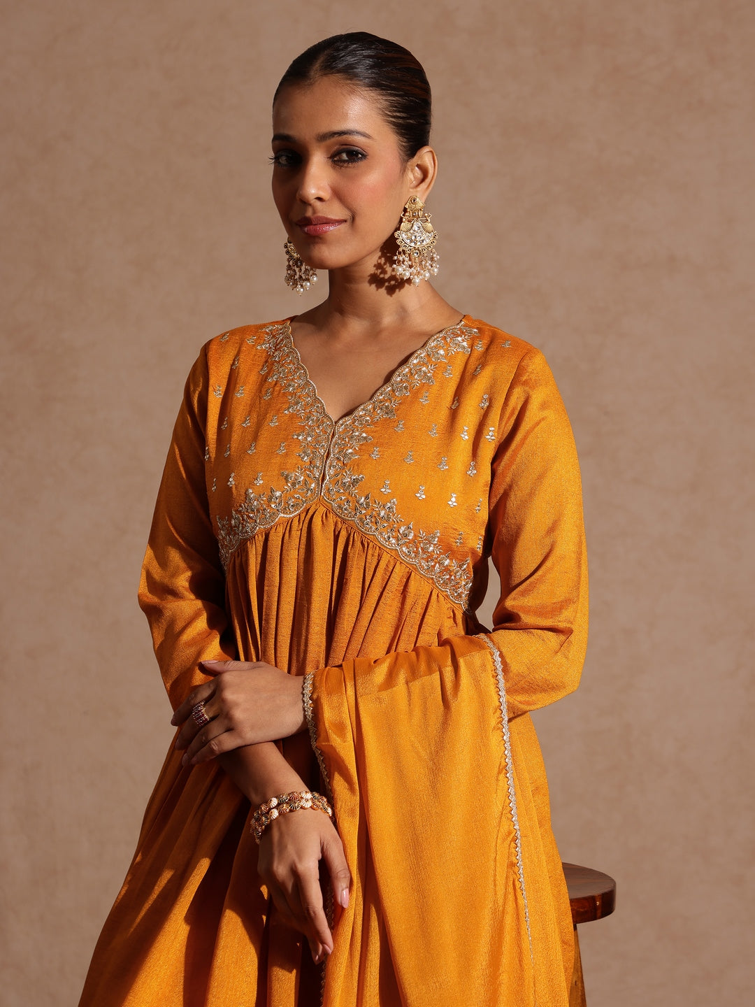 Ninnique Women's Mustard Silk Blend Zari Yoke Embroidered A-line Kurta Set