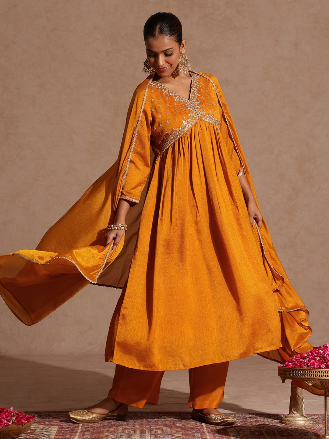 Ninnique Women's Mustard Silk Blend Zari Yoke Embroidered A-line Kurta Set
