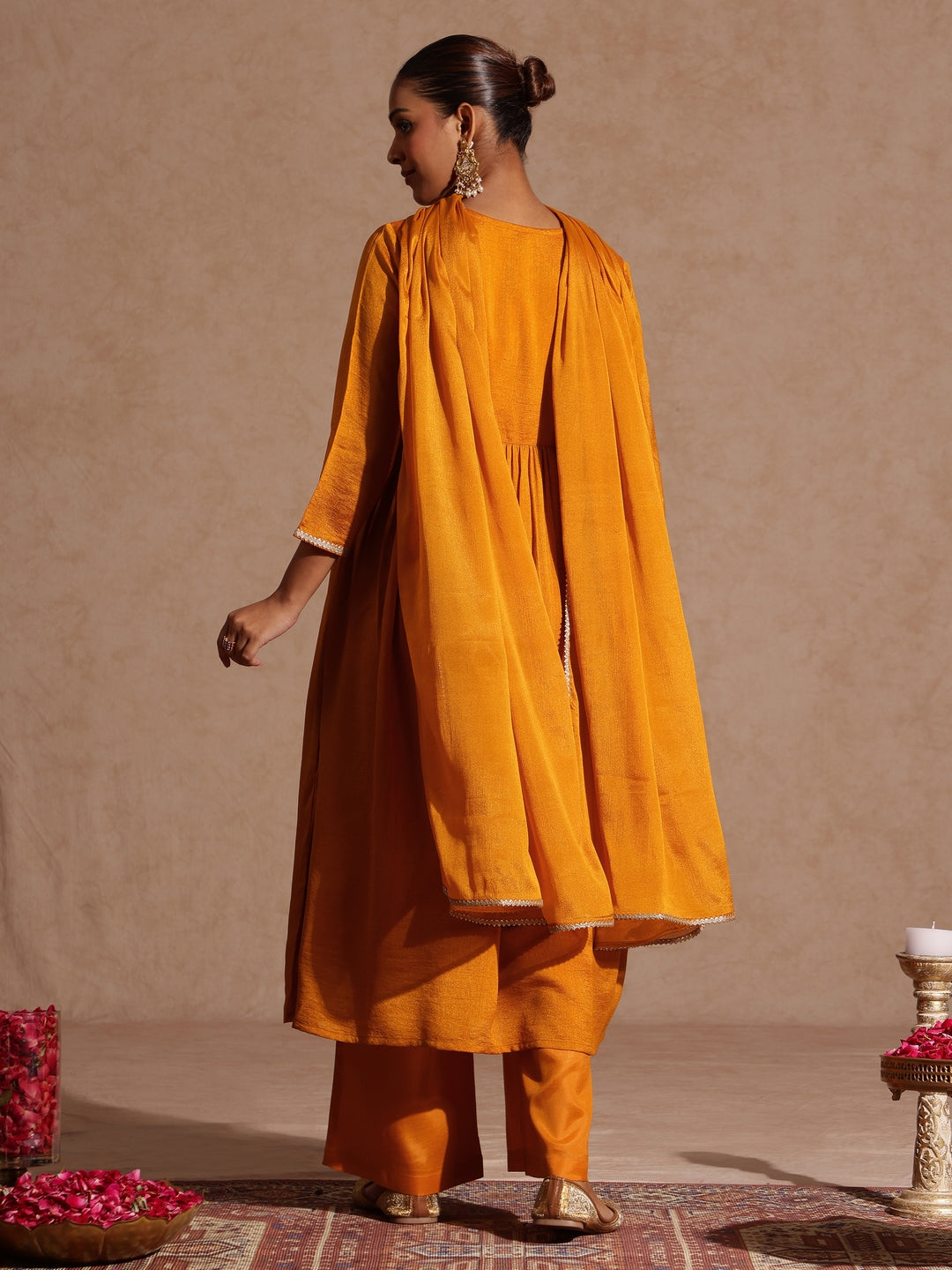 Ninnique Women's Mustard Silk Blend Zari Yoke Embroidered A-line Kurta Set