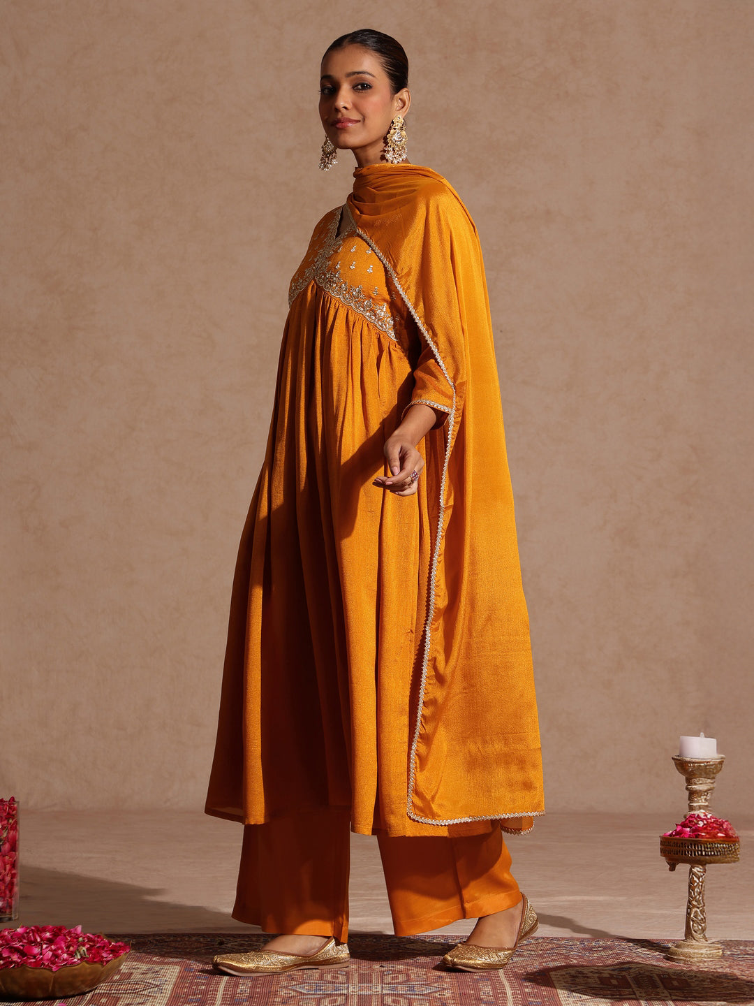 Ninnique Women's Mustard Silk Blend Zari Yoke Embroidered A-line Kurta Set