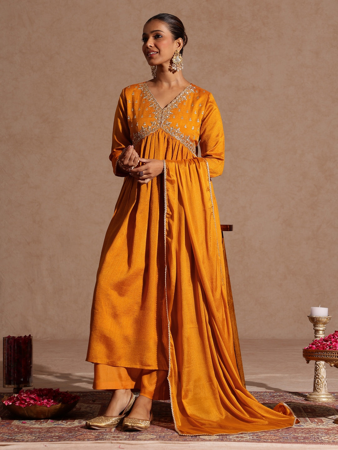 Ninnique Women's Mustard Silk Blend Zari Yoke Embroidered A-line Kurta Set