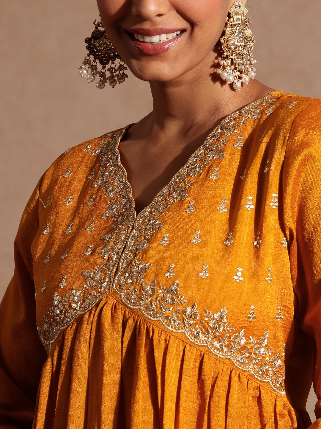 Ninnique Women's Mustard Silk Blend Zari Yoke Embroidered A-line Kurta Set