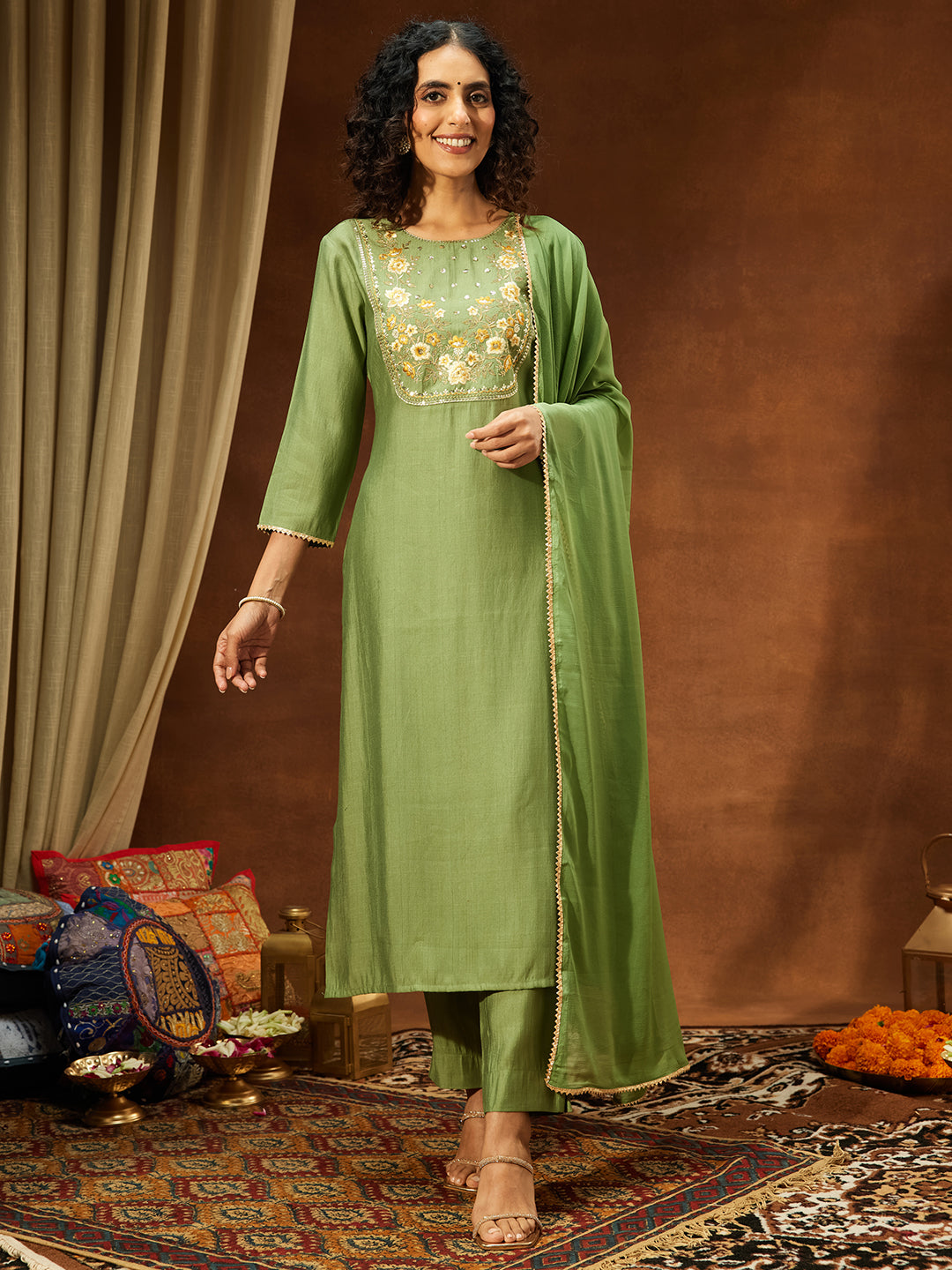 Ninnique Women's Sage Green Silk Blend Zari Yoke Embroidered Straight Kurta Set