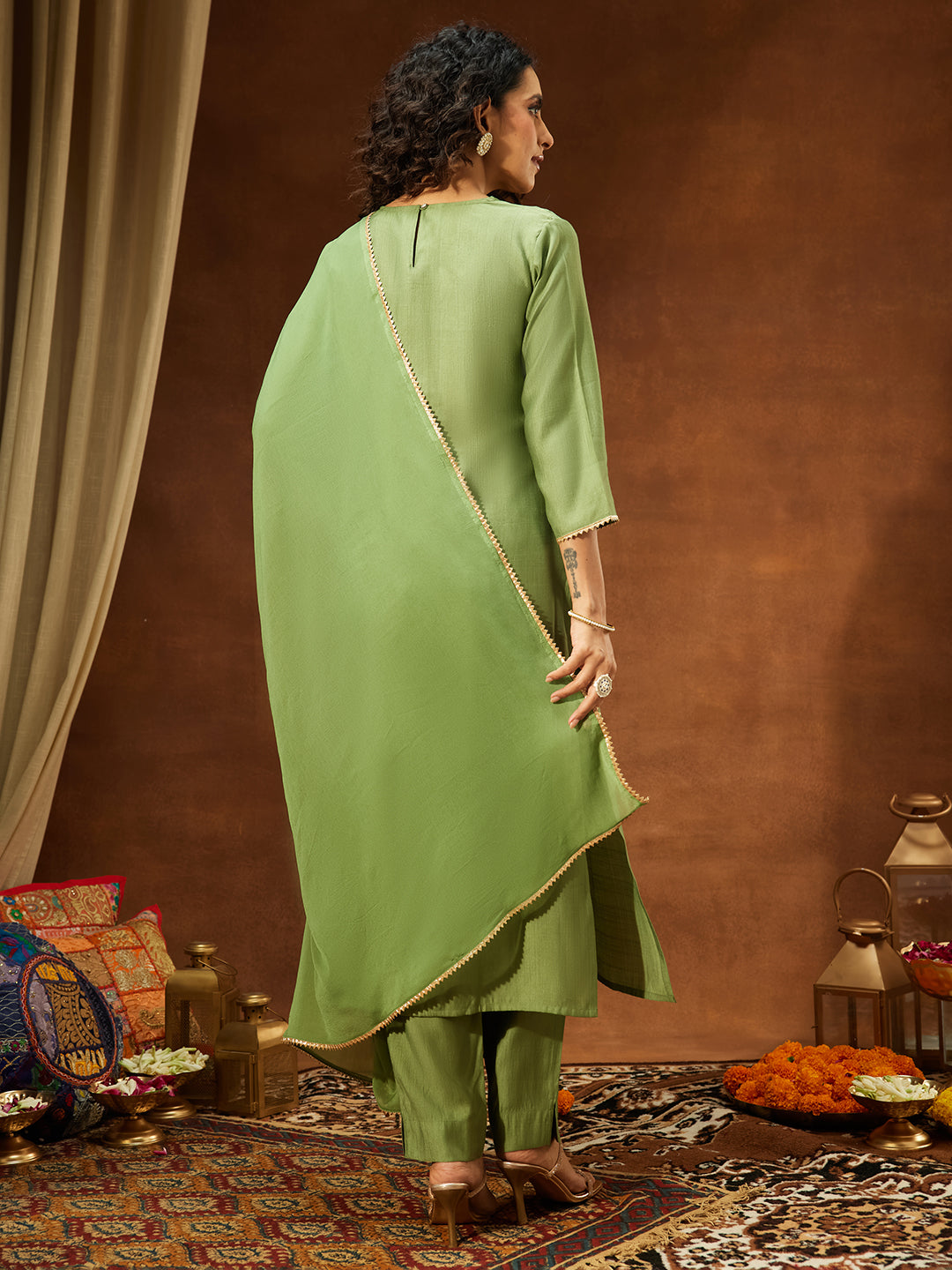 Ninnique Women's Sage Green Silk Blend Zari Yoke Embroidered Straight Kurta Set