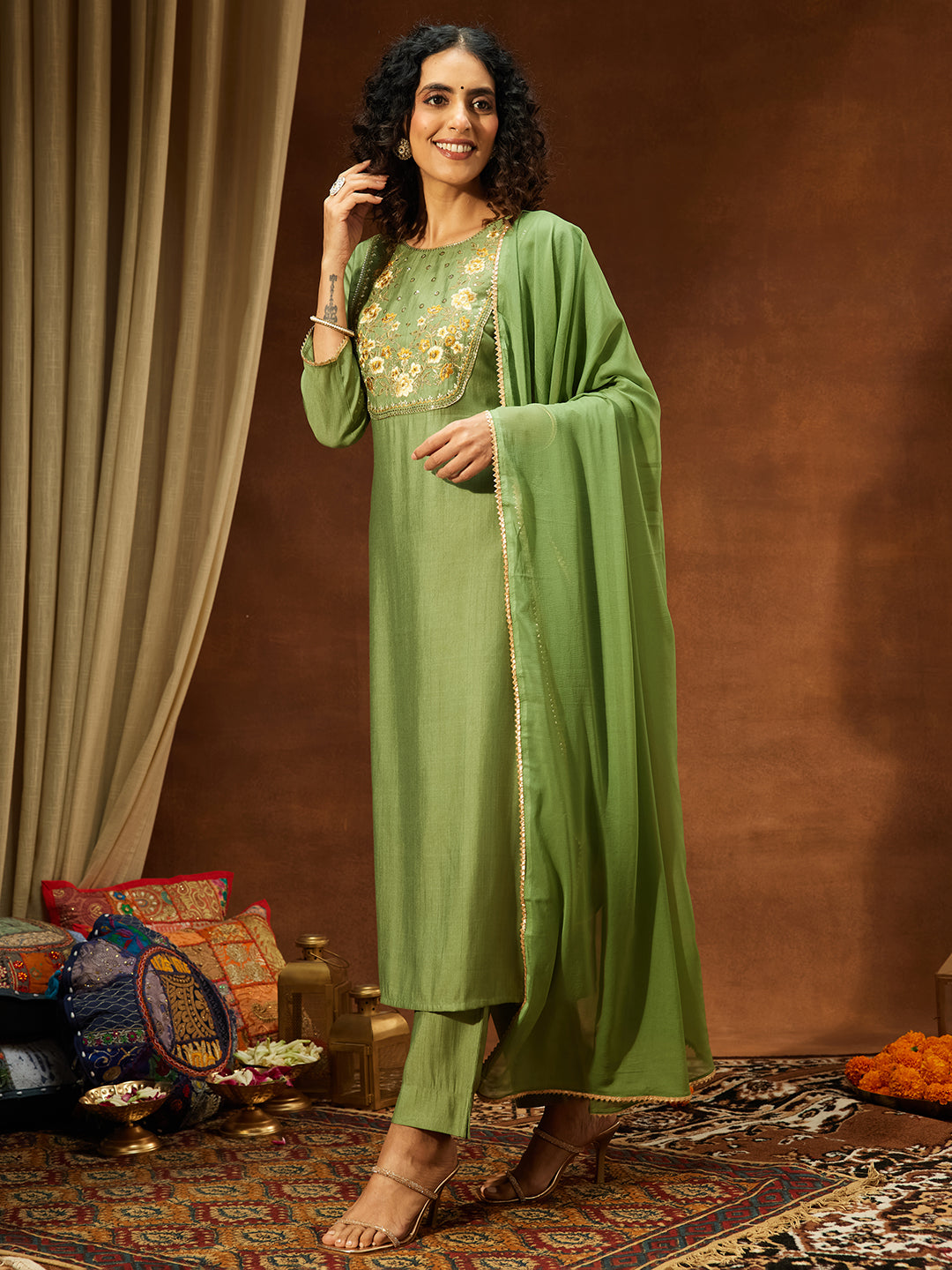 Ninnique Women's Sage Green Silk Blend Zari Yoke Embroidered Straight Kurta Set