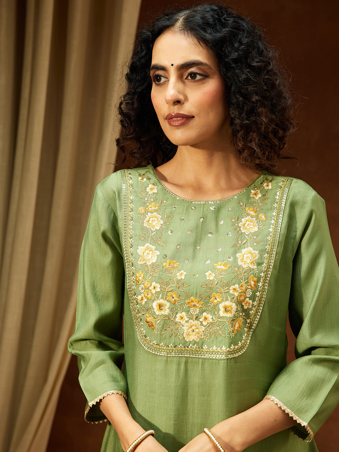 Ninnique Women's Sage Green Silk Blend Zari Yoke Embroidered Straight Kurta Set