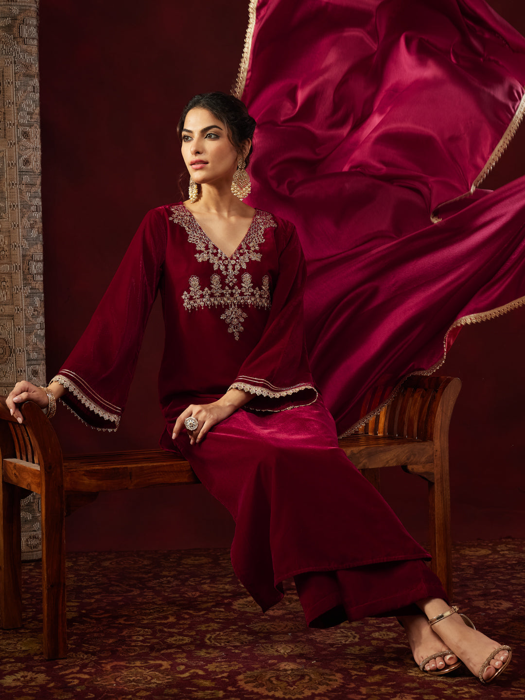 Ninnique Women's Red Velvet Zari Yoke Embroidered Straight Kurta Set