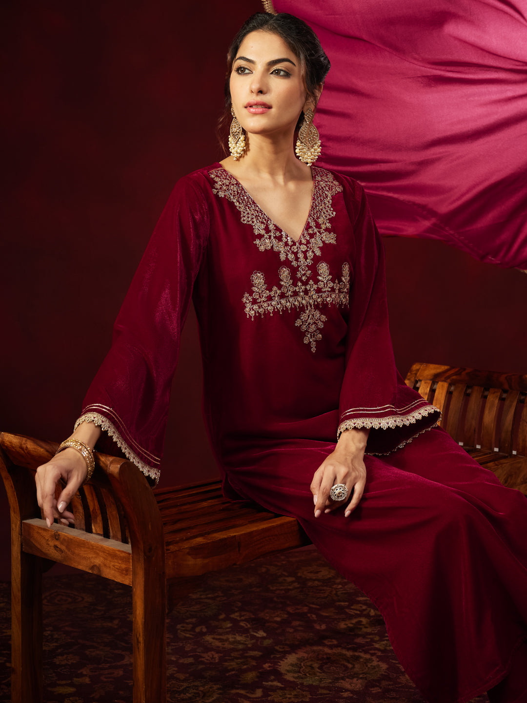 Ninnique Women's Red Velvet Zari Yoke Embroidered Straight Kurta Set