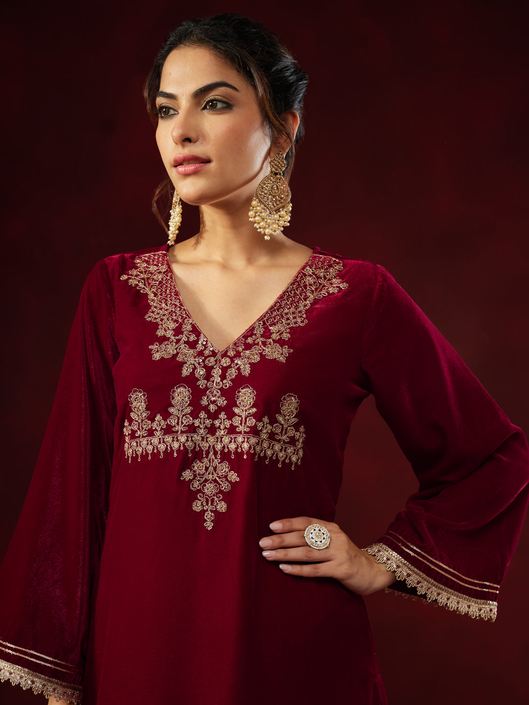 Ninnique Women's Red Velvet Zari Yoke Embroidered Straight Kurta Set
