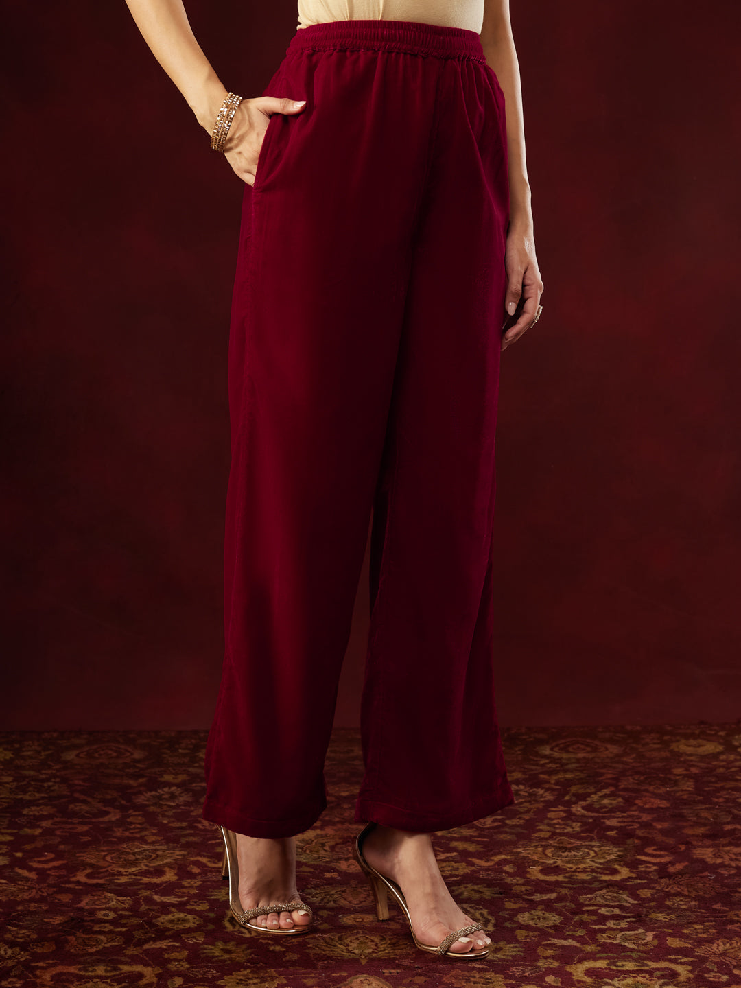 Ninnique Women's Red Velvet Zari Yoke Embroidered Straight Kurta Set