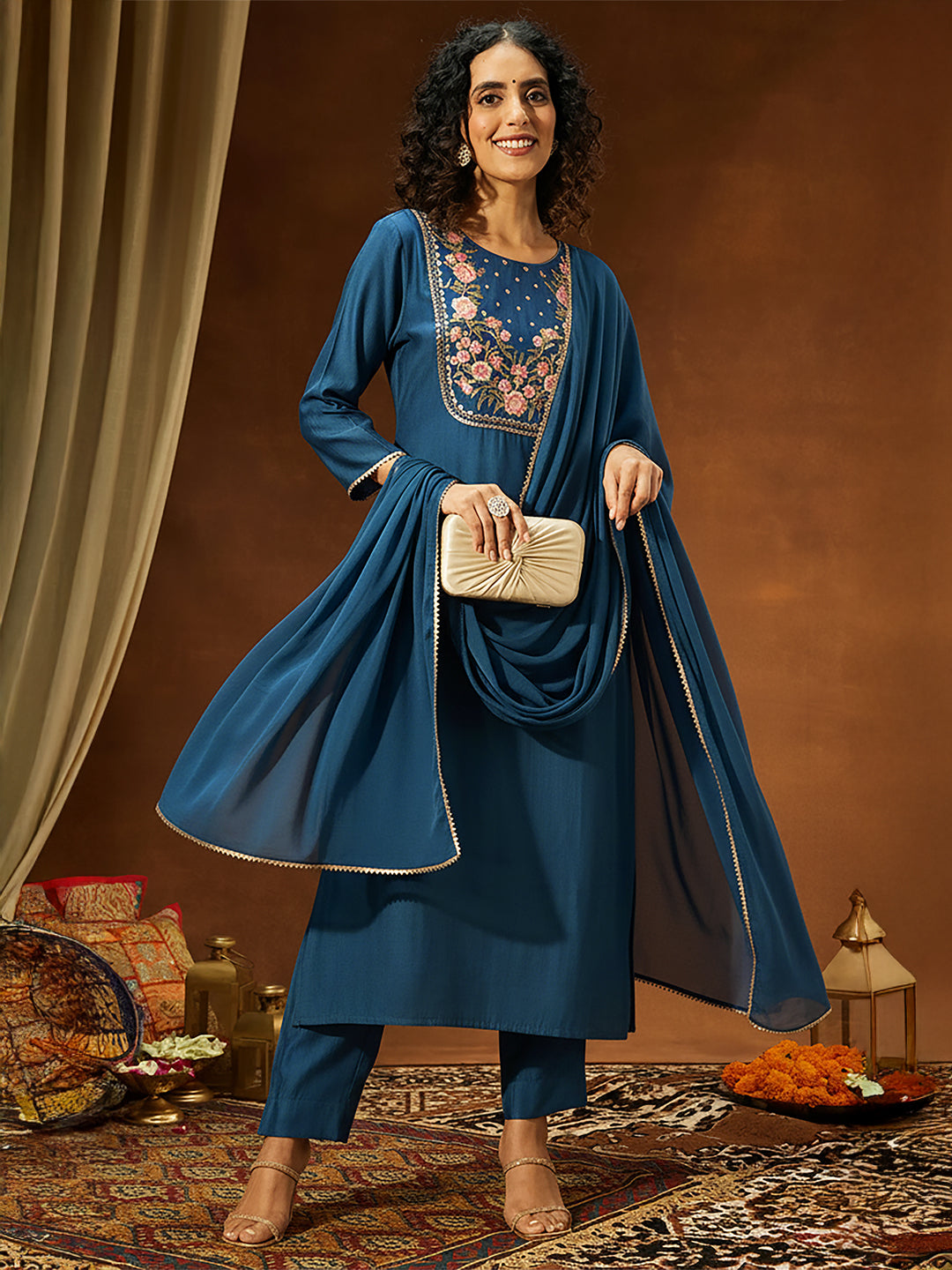 Ninnique Women's Teal Blue Silk Blend Yoke Embroidered Straight Kurta Set