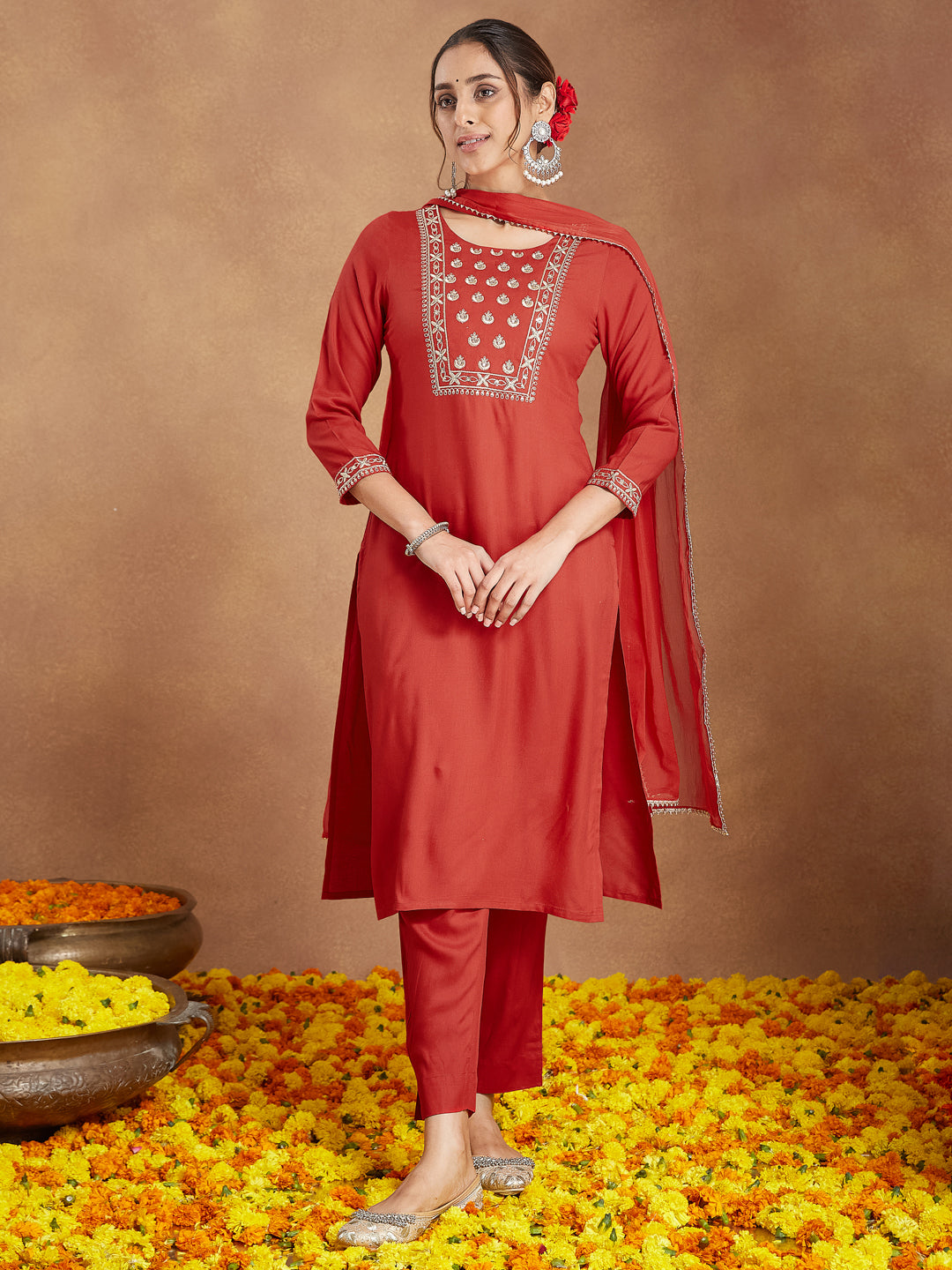 Ninnique Women's Red Rayon Yoke Embroidered Straight Kurta Set