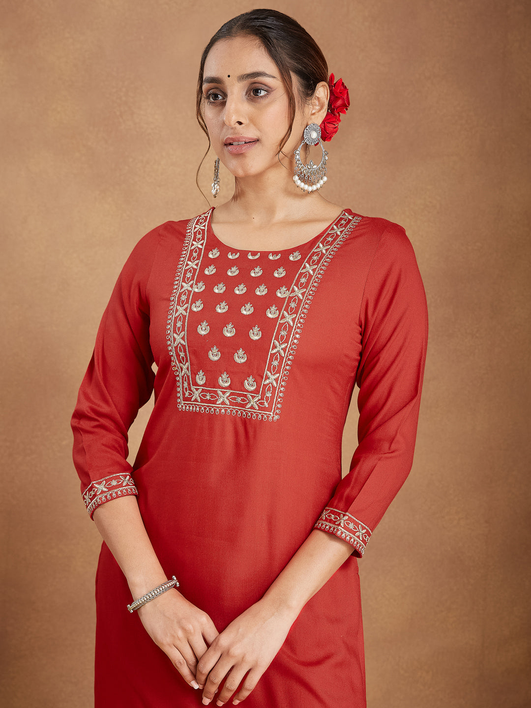 Ninnique Women's Red Rayon Yoke Embroidered Straight Kurta Set