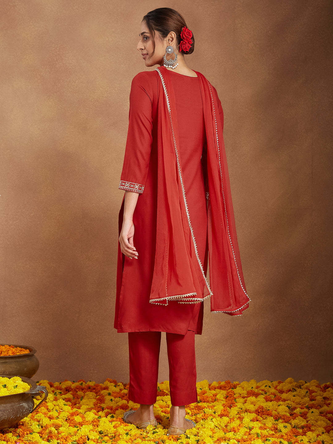 Ninnique Women's Red Rayon Yoke Embroidered Straight Kurta Set