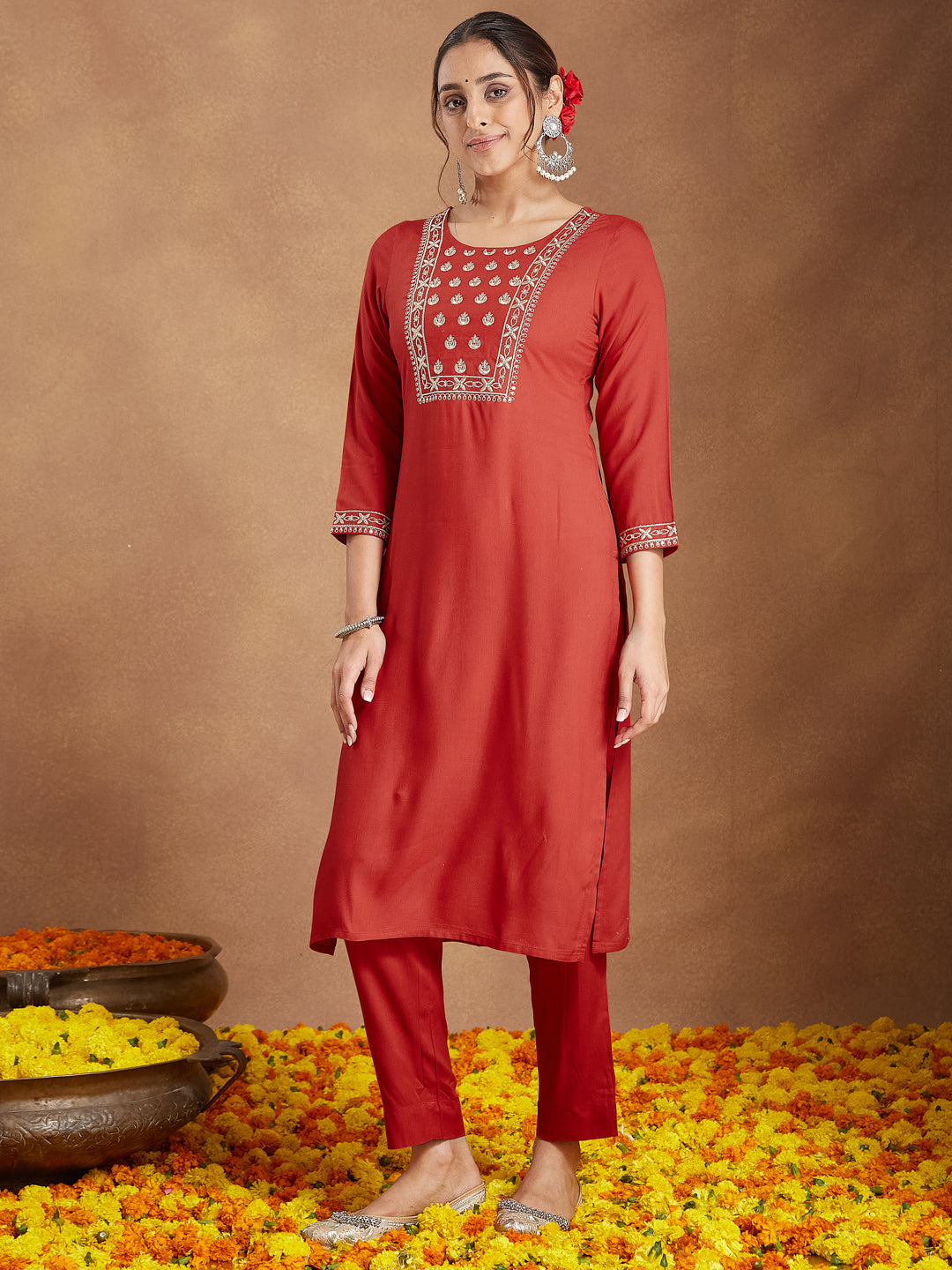 Ninnique Women's Red Rayon Yoke Embroidered Straight Kurta Set