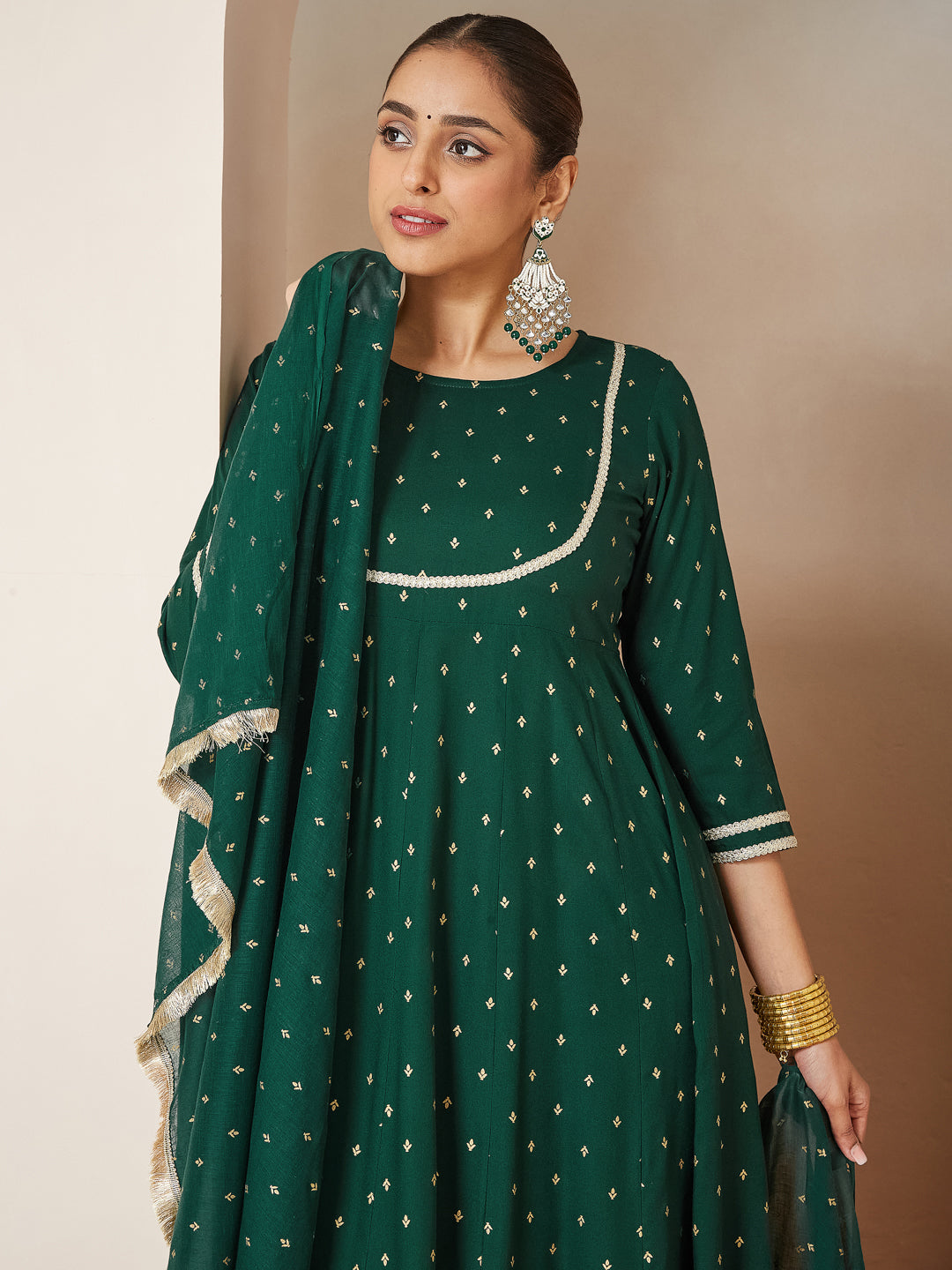 Ninnique Women's Dark Green Rayon Gold Printed Anarkali Kurta Set