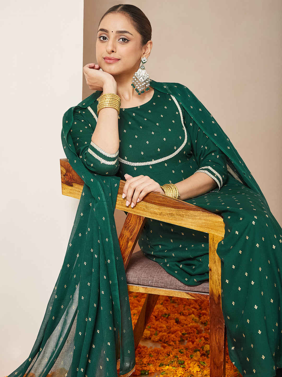 Ninnique Women's Dark Green Rayon Gold Printed Anarkali Kurta Set