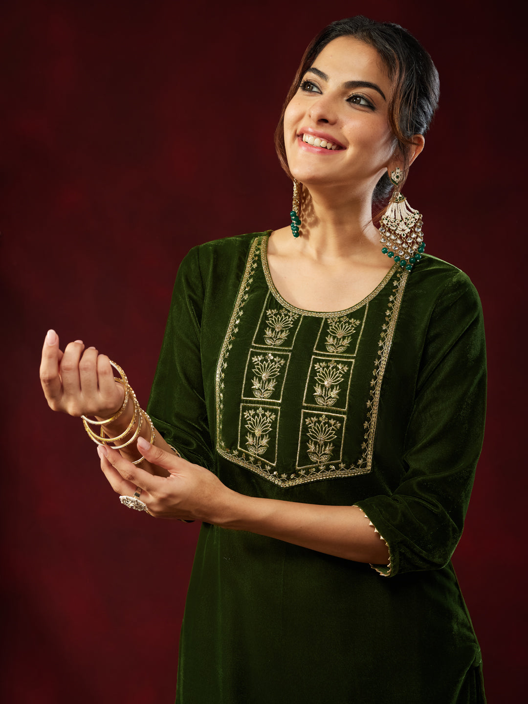 Ninnique Women's Olive Green Velvet Zari Yoke Embroidered Straight Kurta Set