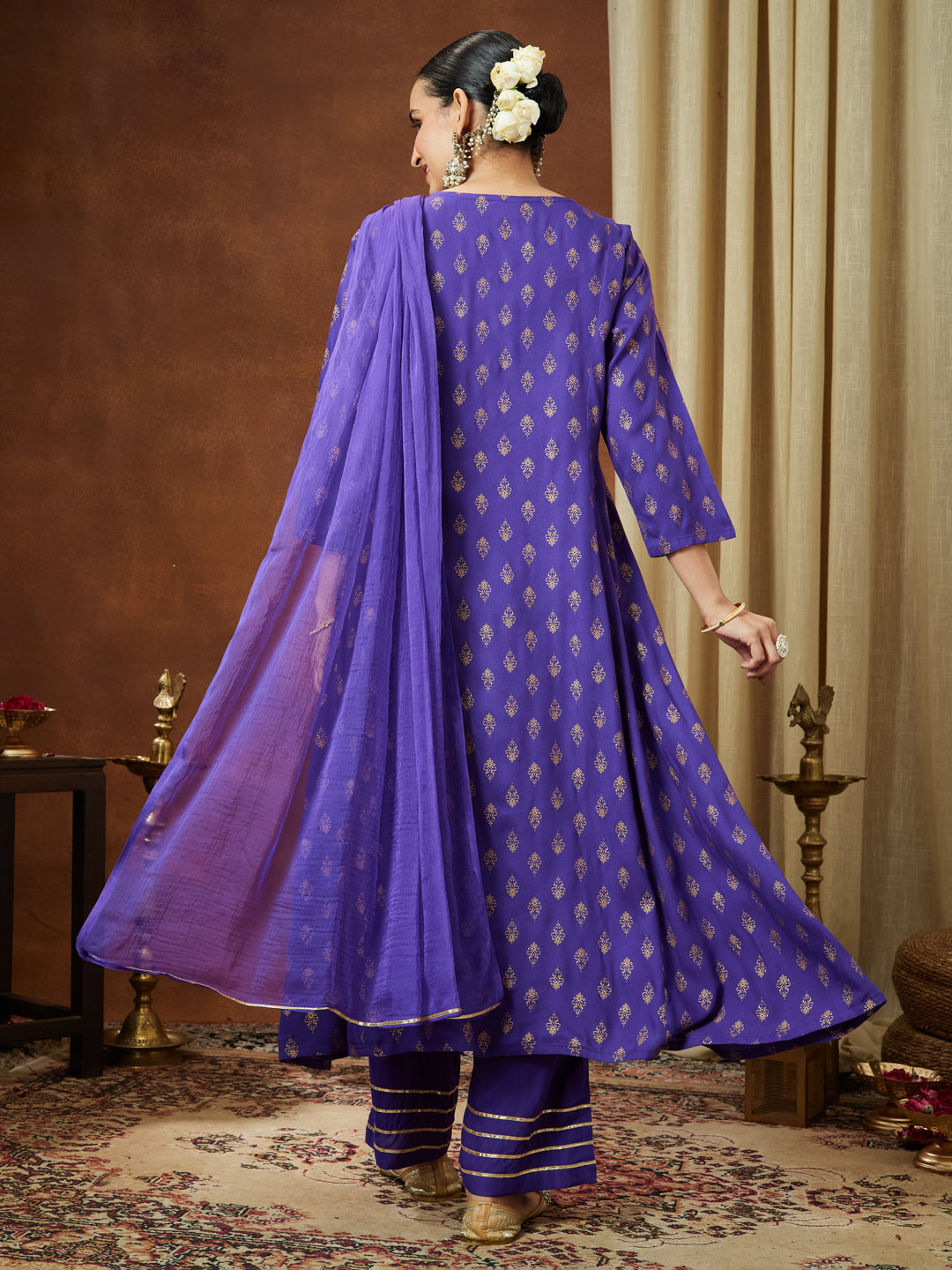 Ninnique Women's Purple Rayon Ethnic Motifs Gold Printed A-line Kurta Set