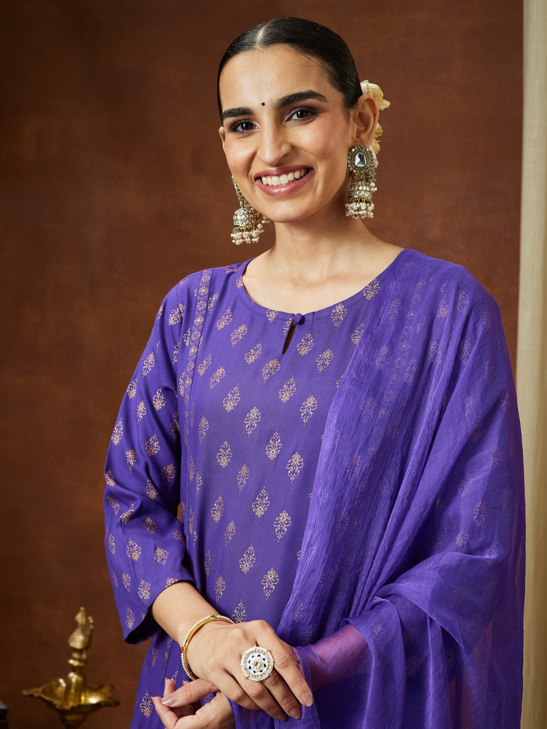 Ninnique Women's Purple Rayon Ethnic Motifs Gold Printed A-line Kurta Set