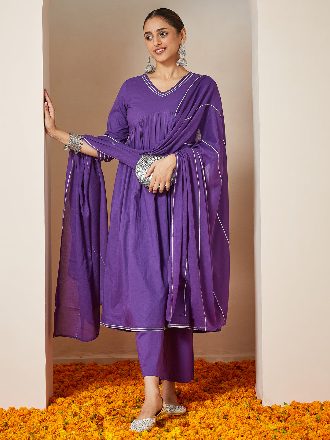 Ninnique Women's Purple Pure Cotton Embellished A-line Kurta Set