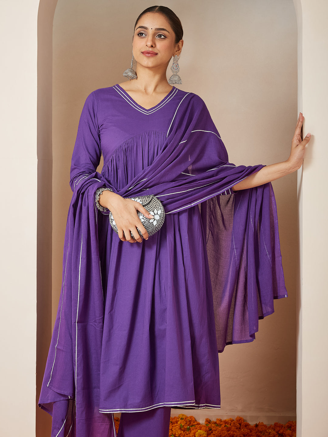 Ninnique Women's Purple Pure Cotton Embellished A-line Kurta Set