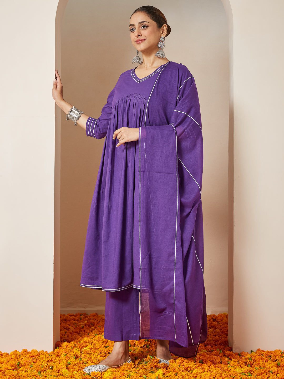Ninnique Women's Purple Pure Cotton Embellished A-line Kurta Set