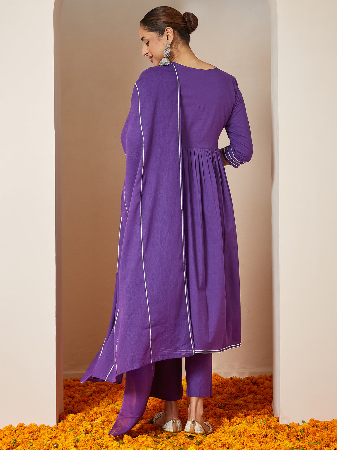 Ninnique Women's Purple Pure Cotton Embellished A-line Kurta Set