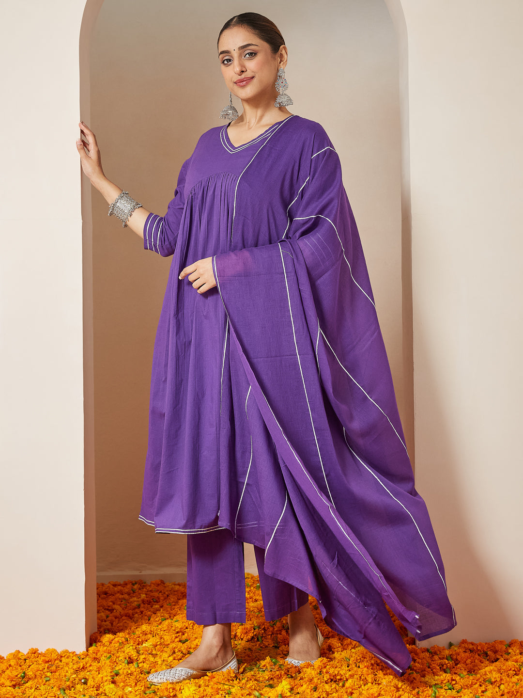 Ninnique Women's Purple Pure Cotton Embellished A-line Kurta Set