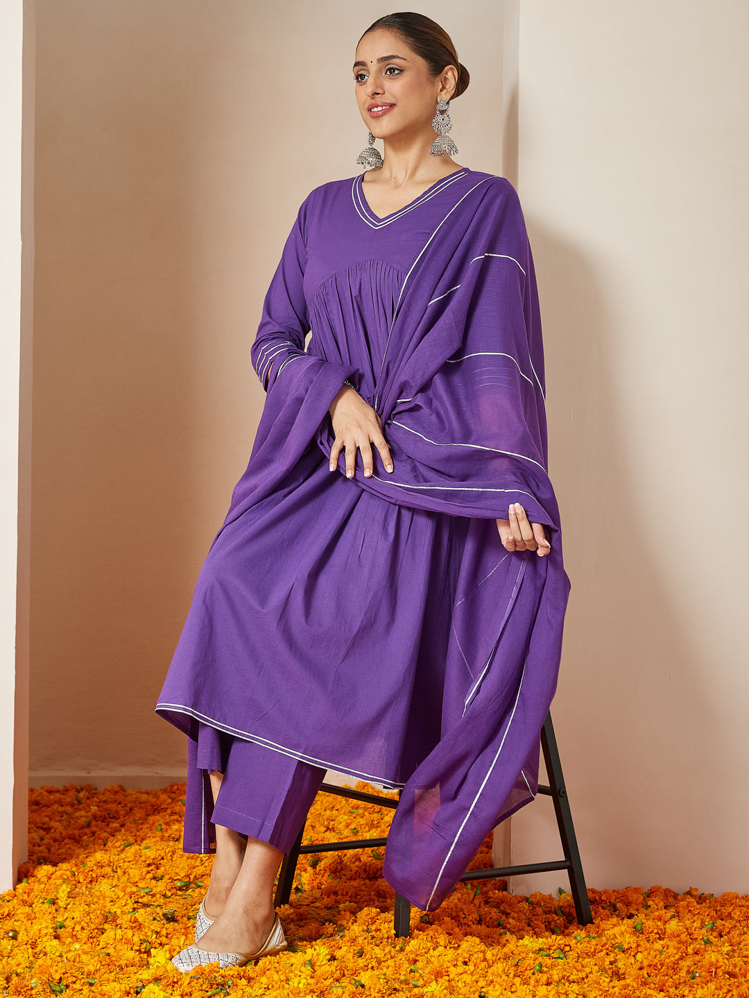 Ninnique Women's Purple Pure Cotton Embellished A-line Kurta Set