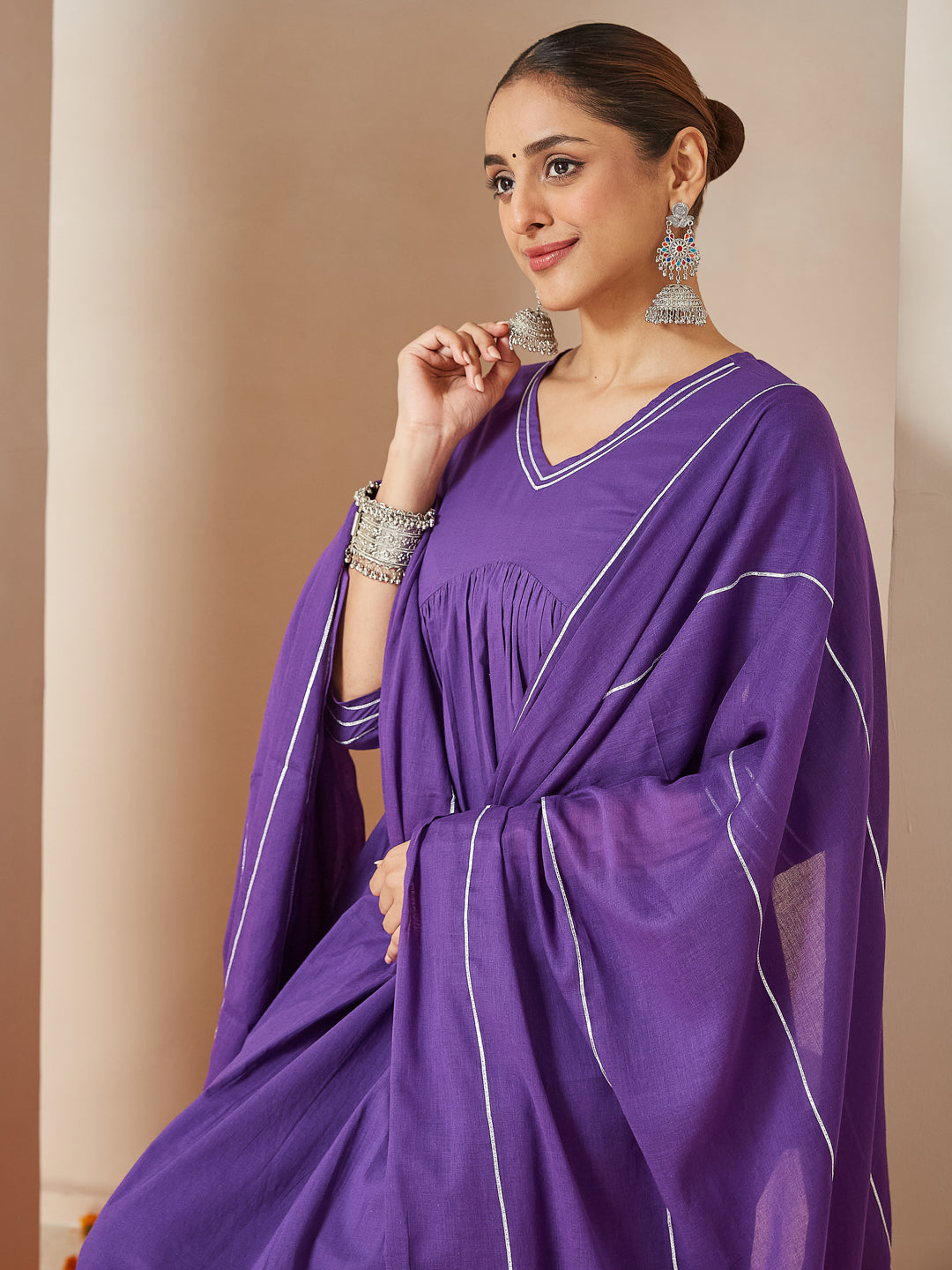 Ninnique Women's Purple Pure Cotton Embellished A-line Kurta Set