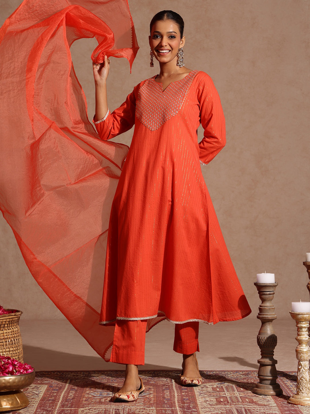 Ninnique Women's Orange Pure Cotton Yoke Zari Embroidered A-line Kurta Set