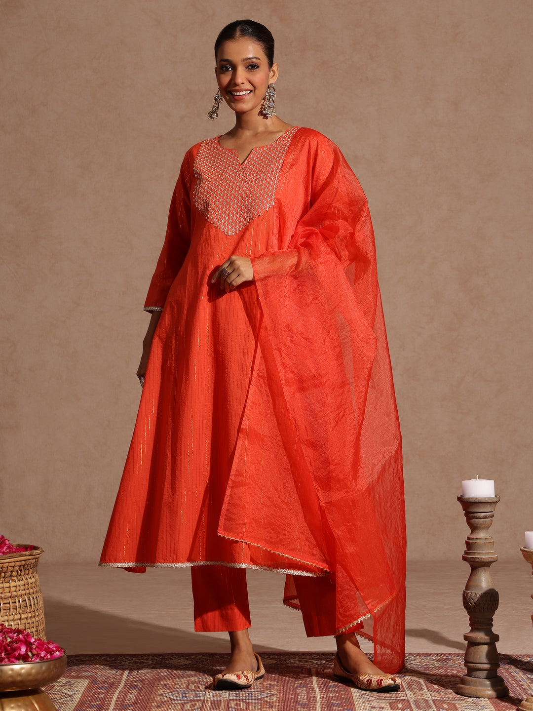 Ninnique Women's Orange Pure Cotton Yoke Zari Embroidered A-line Kurta Set