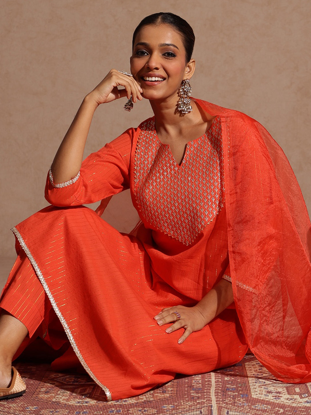 Ninnique Women's Orange Pure Cotton Yoke Zari Embroidered A-line Kurta Set