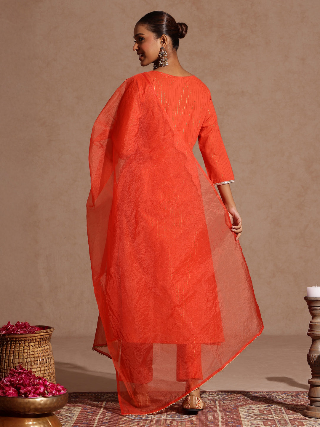 Ninnique Women's Orange Pure Cotton Yoke Zari Embroidered A-line Kurta Set