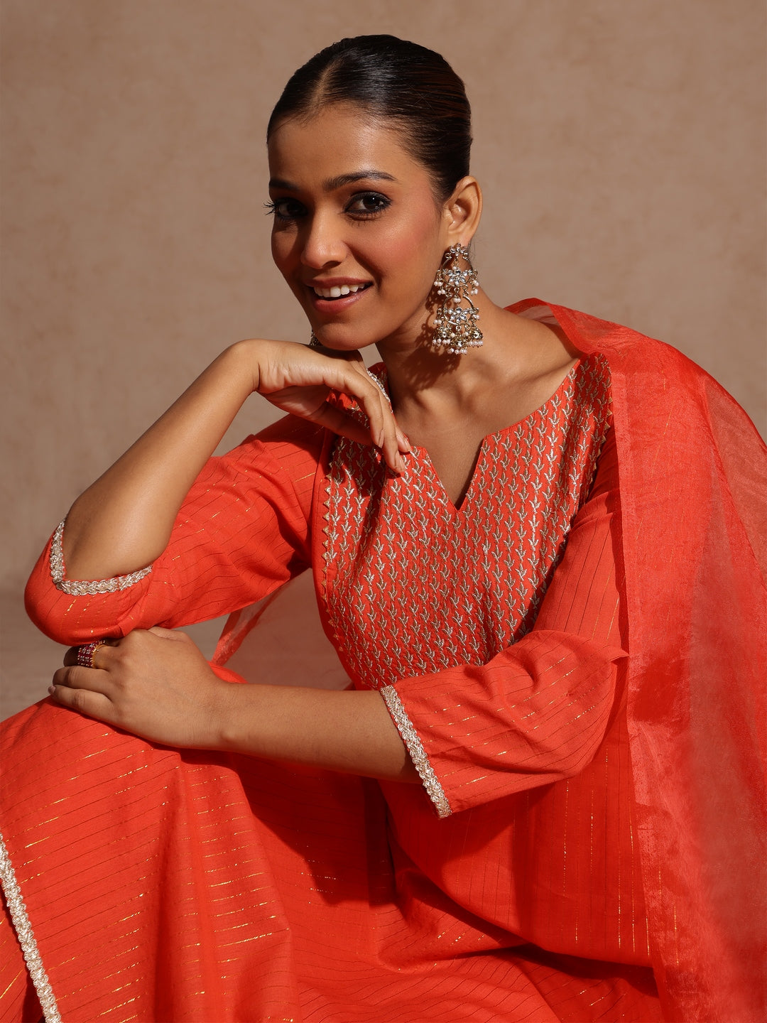 Ninnique Women's Orange Pure Cotton Yoke Zari Embroidered A-line Kurta Set