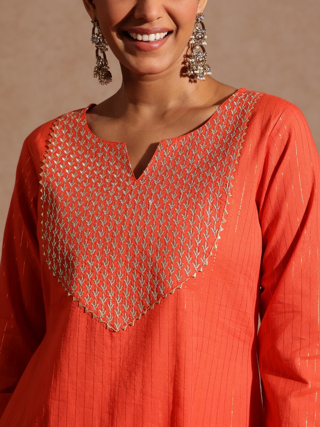 Ninnique Women's Orange Pure Cotton Yoke Zari Embroidered A-line Kurta Set