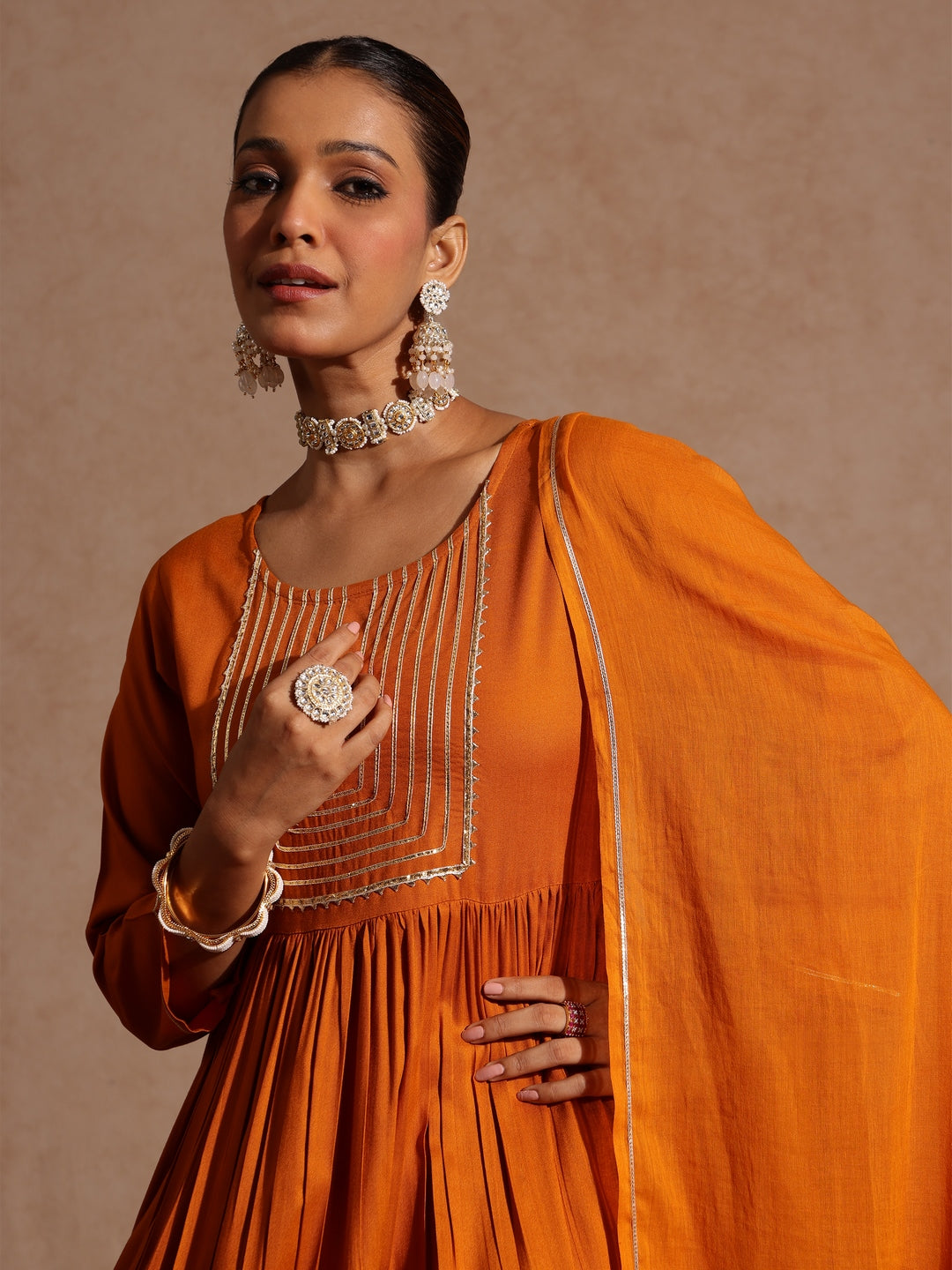 Ninnique Women's Mustard Rayon Yoke Design A-line Kurta Set