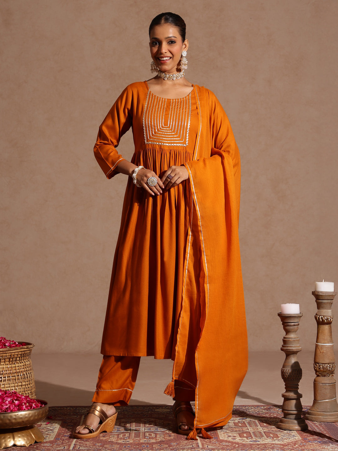 Ninnique Women's Mustard Rayon Yoke Design A-line Kurta Set