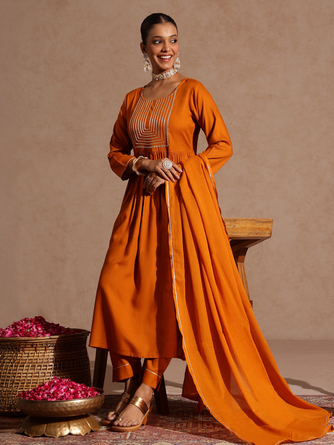 Ninnique Women's Mustard Rayon Yoke Design A-line Kurta Set