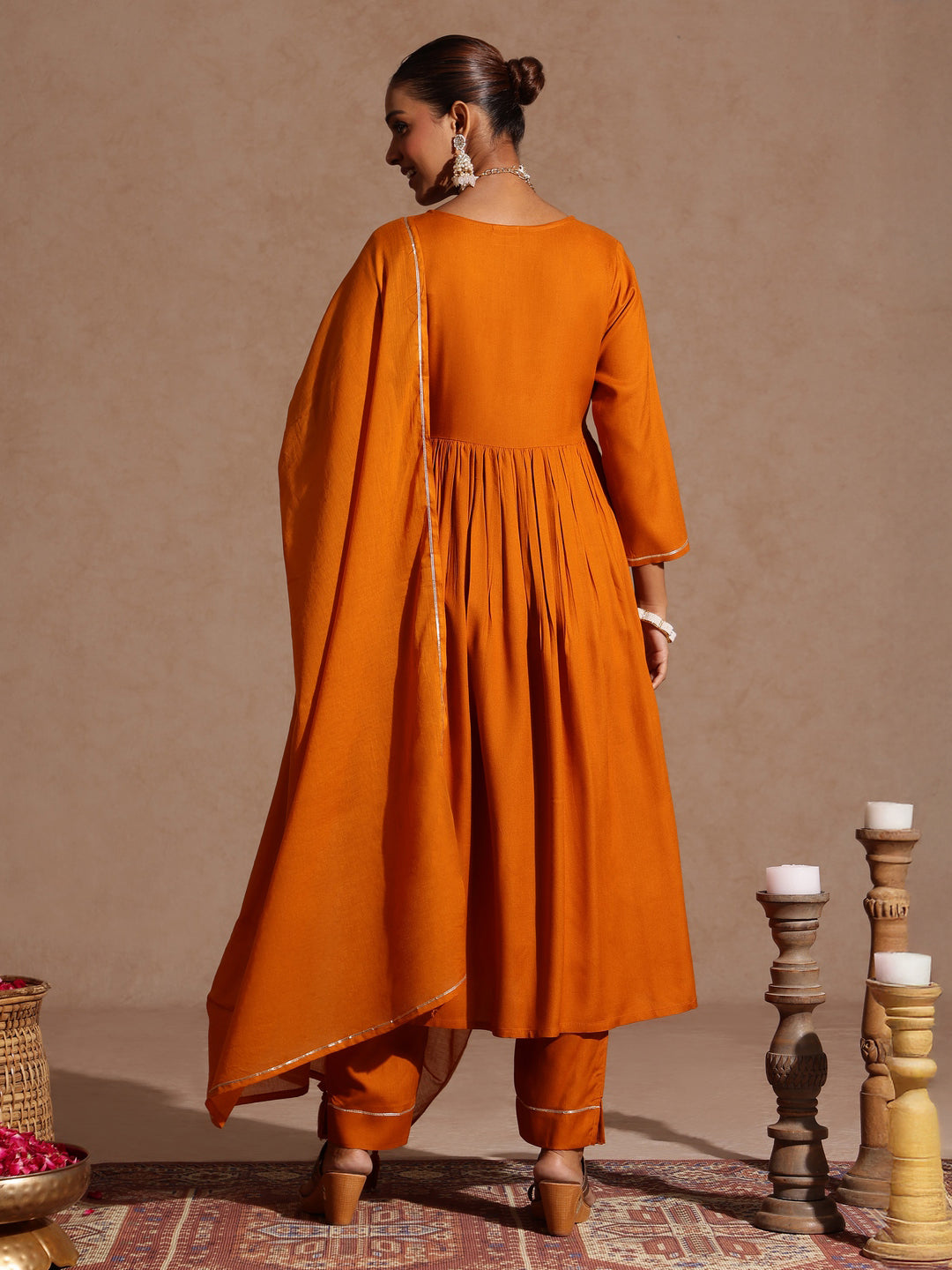 Ninnique Women's Mustard Rayon Yoke Design A-line Kurta Set