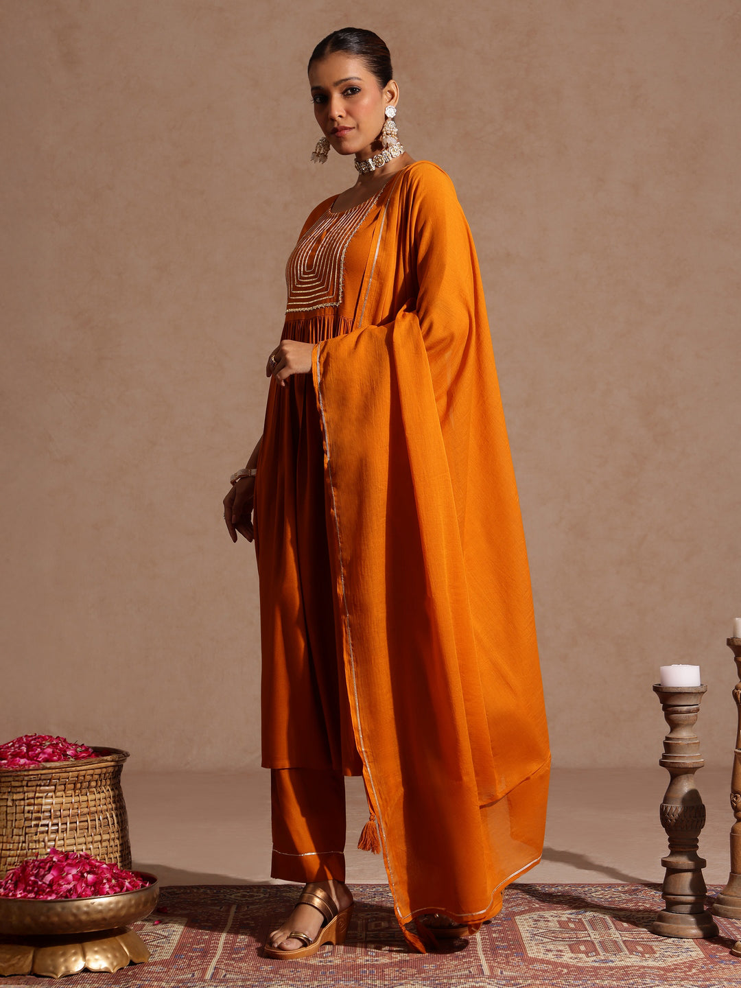 Ninnique Women's Mustard Rayon Yoke Design A-line Kurta Set